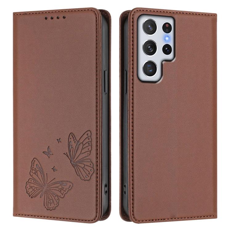 For Galaxy S22 Ultra 5G Strong Magnetic Dual Butterfly RFID Vegan Leather Phone Case