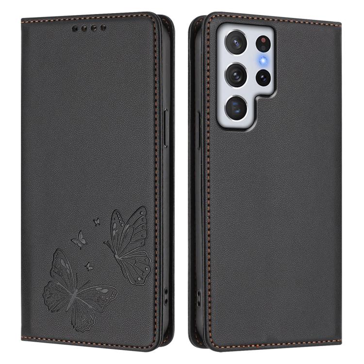 For Galaxy S22 Ultra 5G Strong Magnetic Dual Butterfly RFID Vegan Leather Phone Case