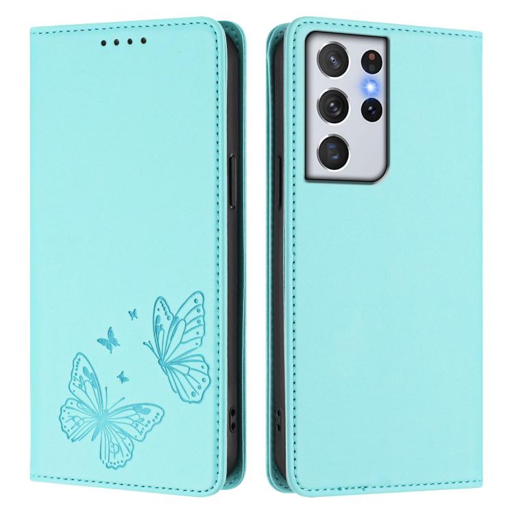 For Galaxy S21 Ultra 5G Strong Magnetic Dual Butterfly RFID Vegan Leather Phone Case