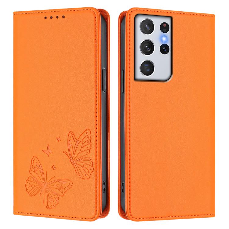 For Galaxy S21 Ultra 5G Strong Magnetic Dual Butterfly RFID Vegan Leather Phone Case