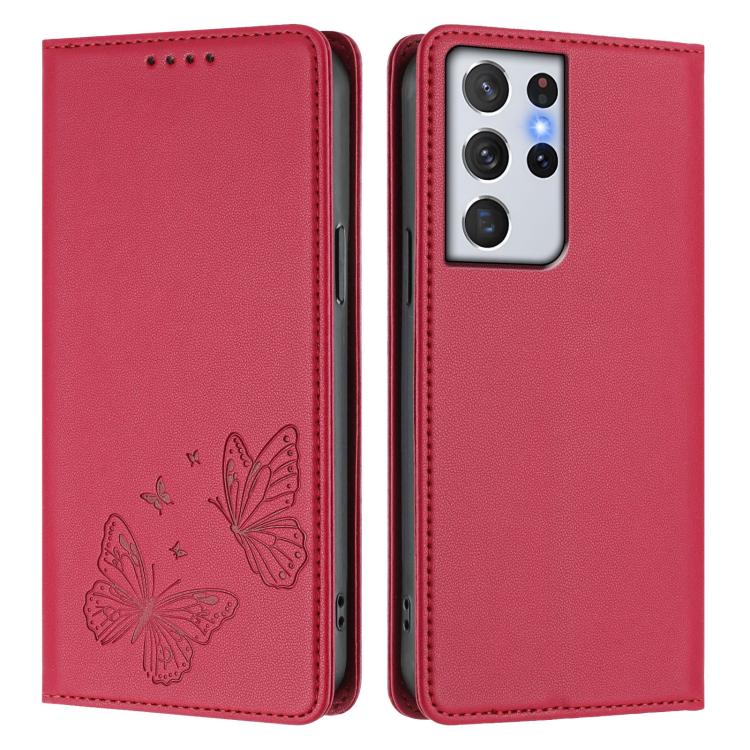 For Galaxy S21 Ultra 5G Strong Magnetic Dual Butterfly RFID Vegan Leather Phone Case