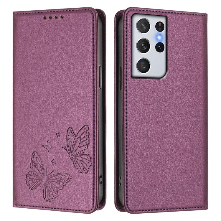 For Galaxy S21 Ultra 5G Strong Magnetic Dual Butterfly RFID Vegan Leather Phone Case
