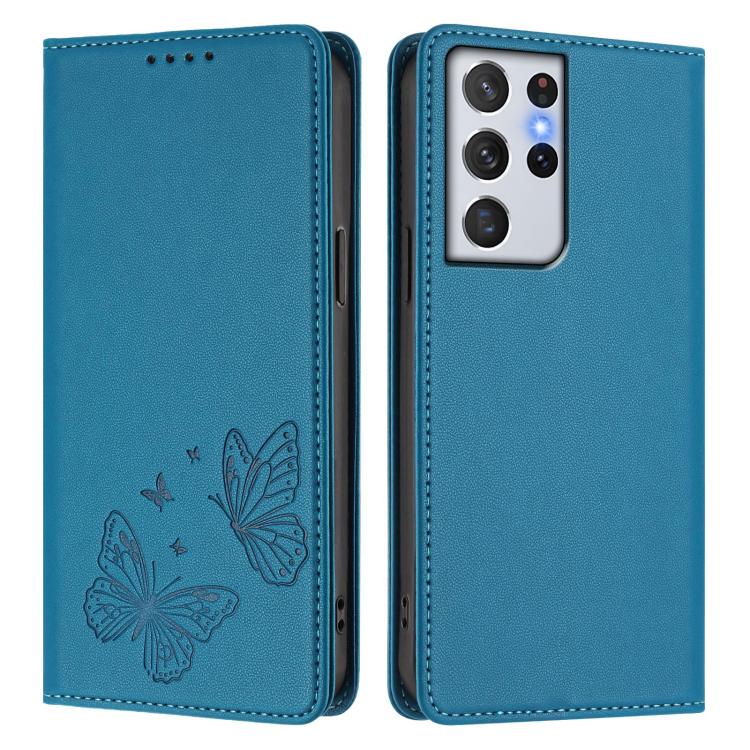 For Galaxy S21 Ultra 5G Strong Magnetic Dual Butterfly RFID Vegan Leather Phone Case