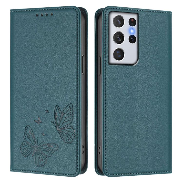 For Galaxy S21 Ultra 5G Strong Magnetic Dual Butterfly RFID Vegan Leather Phone Case