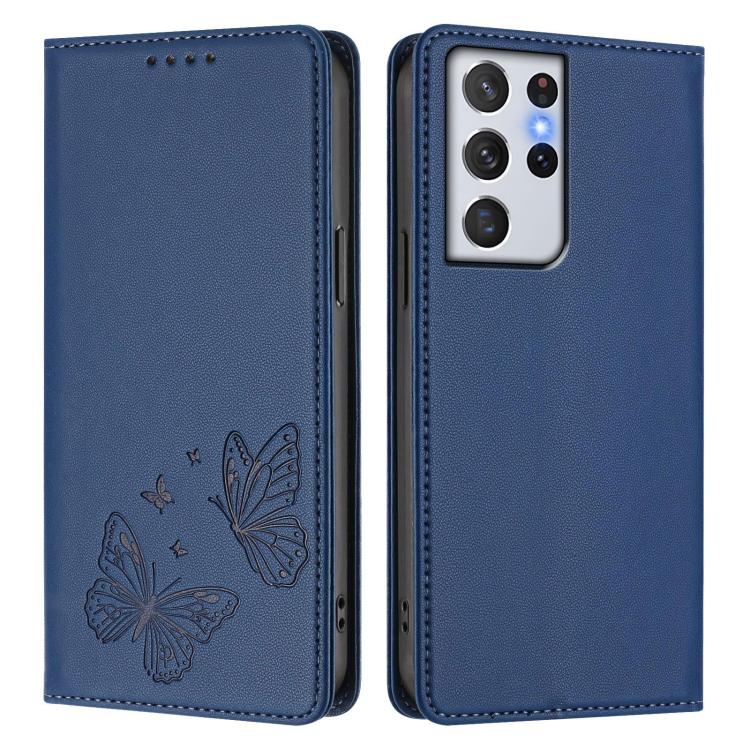 For Galaxy S21 Ultra 5G Strong Magnetic Dual Butterfly RFID Vegan Leather Phone Case