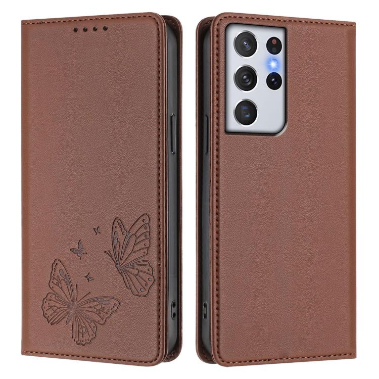 For Galaxy S21 Ultra 5G Strong Magnetic Dual Butterfly RFID Vegan Leather Phone Case