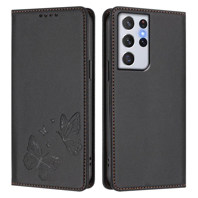 For Galaxy S21 Ultra 5G Strong Magnetic Dual Butterfly RFID Vegan Leather Phone Case
