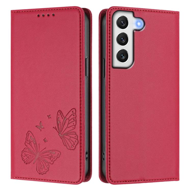 For Galaxy S21 FE 5G Strong Magnetic Dual Butterfly RFID Vegan Leather Phone Case