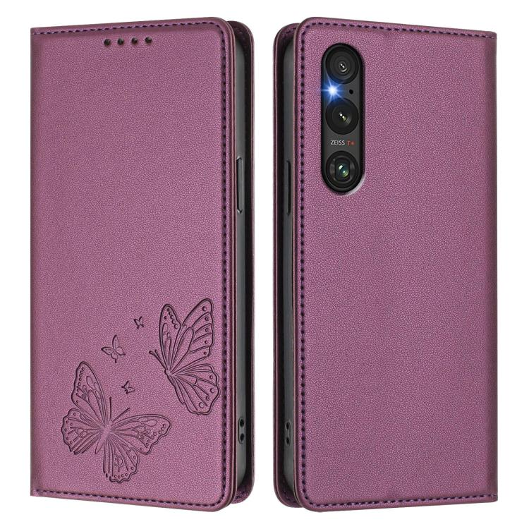 For Sony Xperia 1 V Strong Magnetic Dual Butterfly RFID Vegan Leather Phone Case