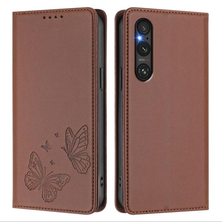 For Sony Xperia 1 V Strong Magnetic Dual Butterfly RFID Vegan Leather Phone Case