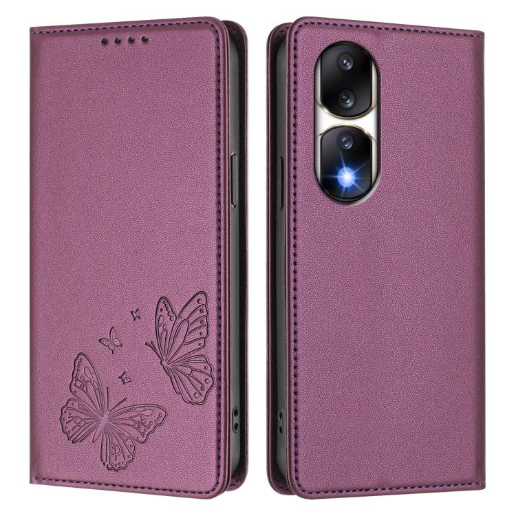 For Honor 90 Pro 5G Strong Magnetic Dual Butterfly RFID Vegan Leather Phone Case
