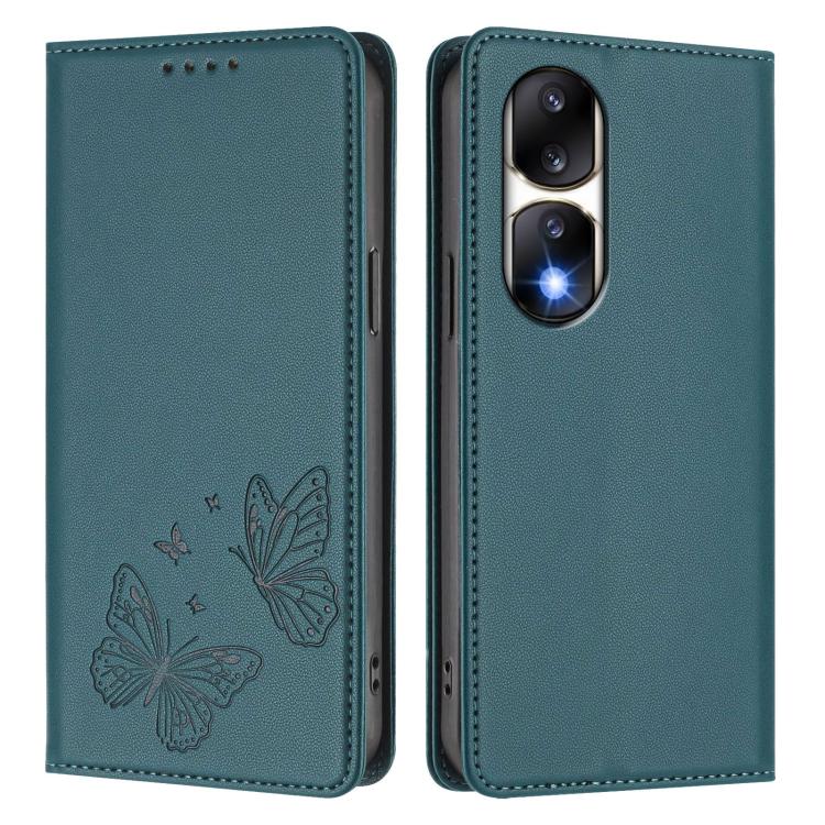 For Honor 90 Pro 5G Strong Magnetic Dual Butterfly RFID Vegan Leather Phone Case