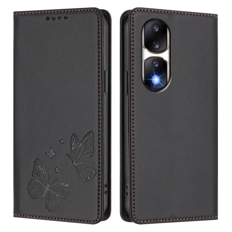 For Honor 90 Pro 5G Strong Magnetic Dual Butterfly RFID Vegan Leather Phone Case