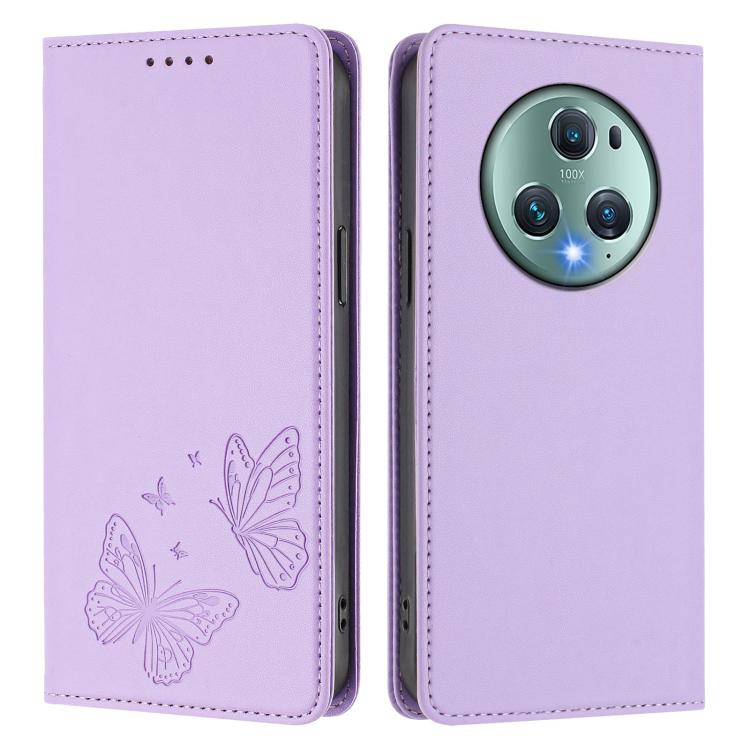 For Honor Magic5 Pro Strong Magnetic Dual Butterfly RFID Vegan Leather Phone Case