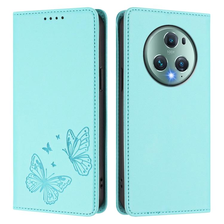 For Honor Magic5 Pro Strong Magnetic Dual Butterfly RFID Vegan Leather Phone Case