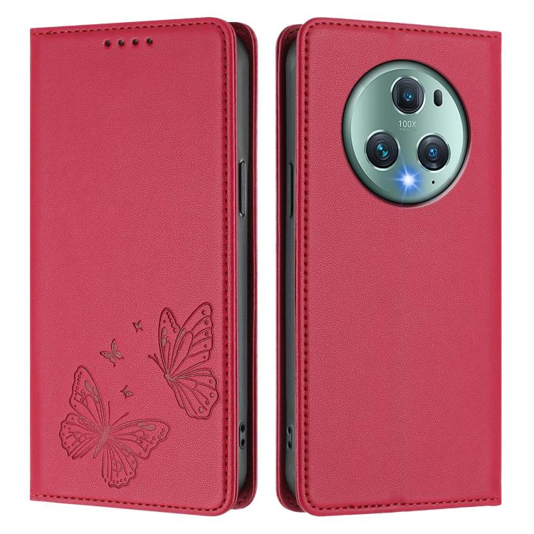 For Honor Magic5 Pro Strong Magnetic Dual Butterfly RFID Vegan Leather Phone Case