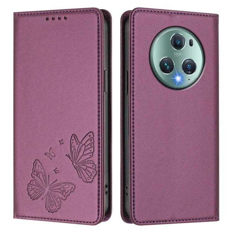 For Honor Magic5 Pro Strong Magnetic Dual Butterfly RFID Vegan Leather Phone Case