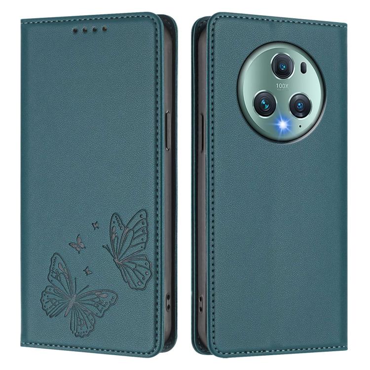 For Honor Magic5 Pro Strong Magnetic Dual Butterfly RFID Vegan Leather Phone Case
