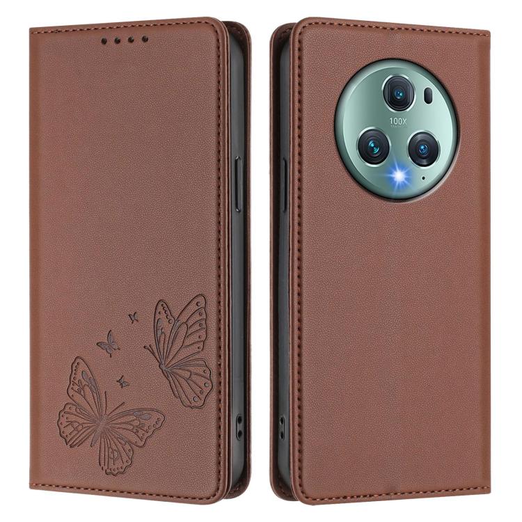 For Honor Magic5 Pro Strong Magnetic Dual Butterfly RFID Vegan Leather Phone Case