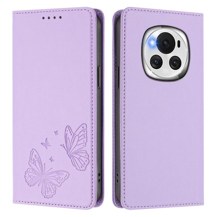 For Honor Magic6 5G Strong Magnetic Dual Butterfly RFID Vegan Leather Phone Case