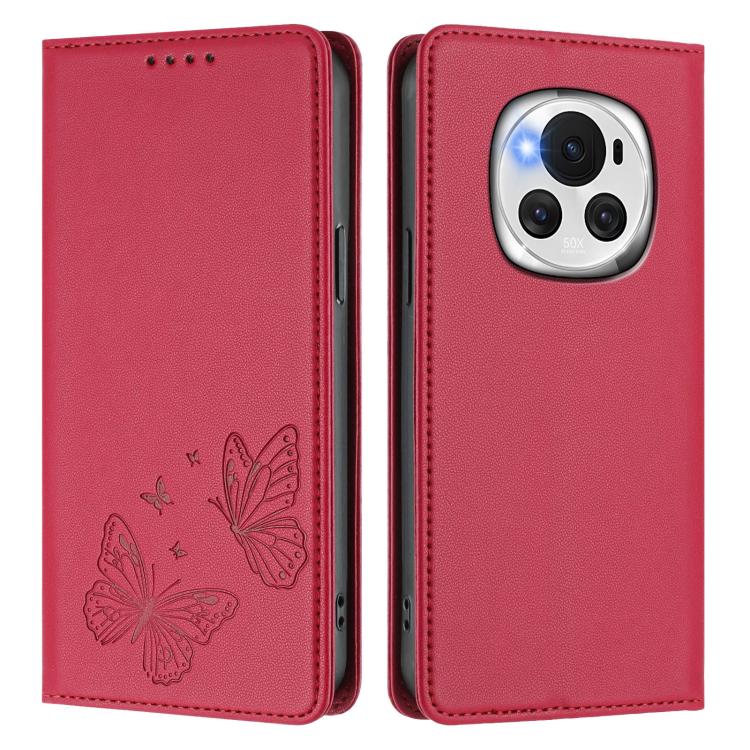 For Honor Magic6 5G Strong Magnetic Dual Butterfly RFID Vegan Leather Phone Case