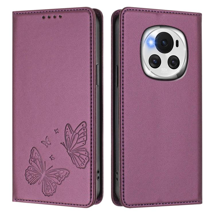 For Honor Magic6 5G Strong Magnetic Dual Butterfly RFID Vegan Leather Phone Case