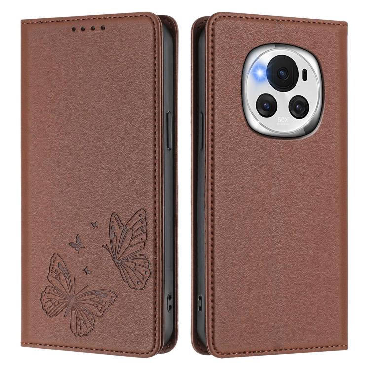 For Honor Magic6 5G Strong Magnetic Dual Butterfly RFID Vegan Leather Phone Case