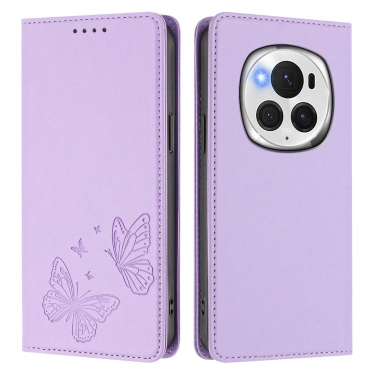 For Honor Magic6 Pro 5G Strong Magnetic Dual Butterfly RFID Vegan Leather Phone Case