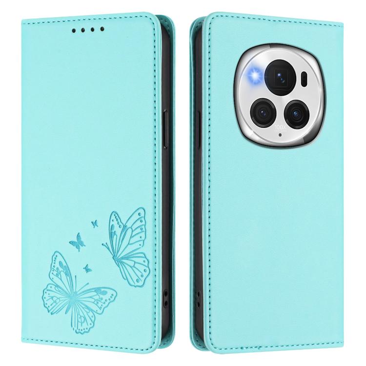 For Honor Magic6 Pro 5G Strong Magnetic Dual Butterfly RFID Vegan Leather Phone Case