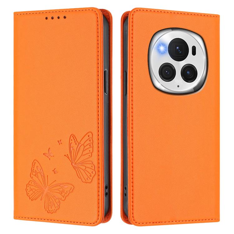 For Honor Magic6 Pro 5G Strong Magnetic Dual Butterfly RFID Vegan Leather Phone Case