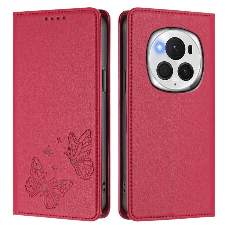 For Honor Magic6 Pro 5G Strong Magnetic Dual Butterfly RFID Vegan Leather Phone Case