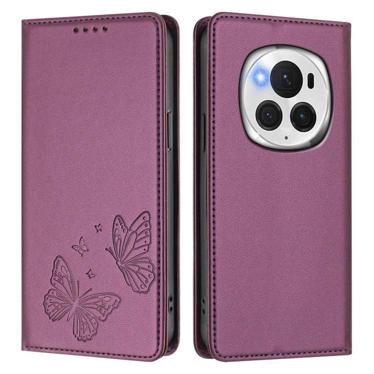 For Honor Magic6 Pro 5G Strong Magnetic Dual Butterfly RFID Vegan Leather Phone Case