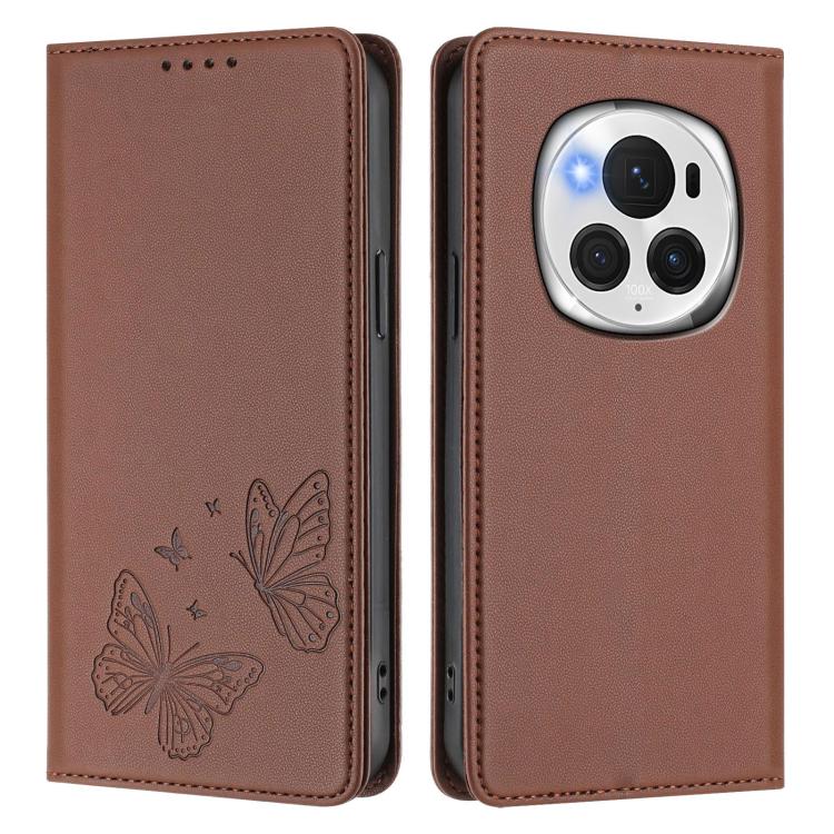 For Honor Magic6 Pro 5G Strong Magnetic Dual Butterfly RFID Vegan Leather Phone Case
