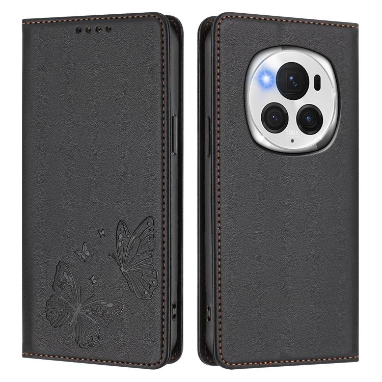 For Honor Magic6 Pro 5G Strong Magnetic Dual Butterfly RFID Vegan Leather Phone Case