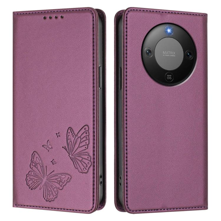 For Honor X9d 5G / Magic8 Lite Strong Magnetic Dual Butterfly RFID Vegan Leather Phone Case
