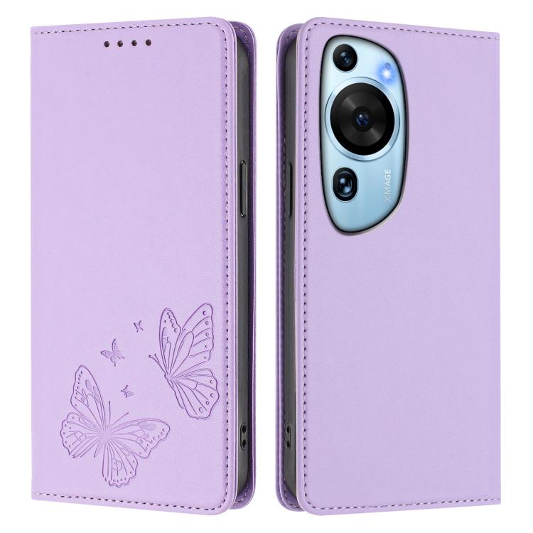 For Huawei P60 Art Strong Magnetic Dual Butterfly RFID Vegan Leather Phone Case