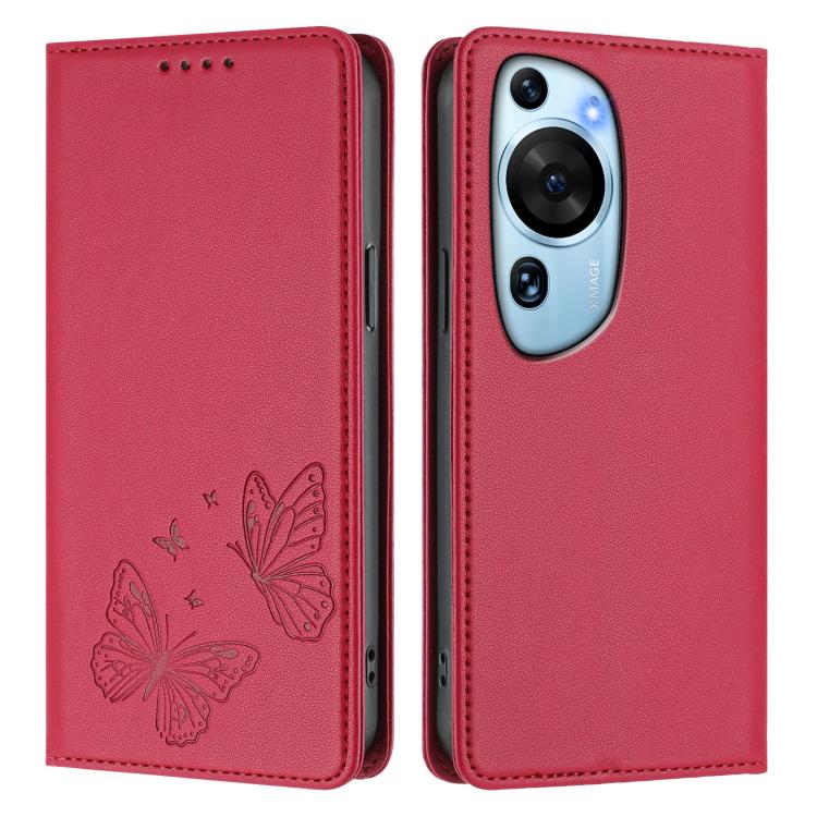 For Huawei P60 Art Strong Magnetic Dual Butterfly RFID Vegan Leather Phone Case