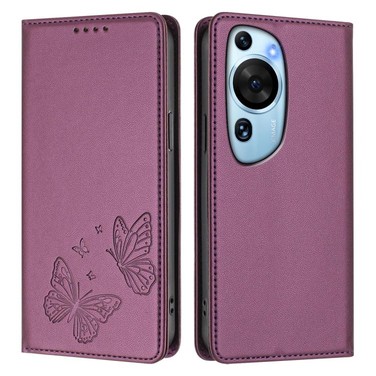 For Huawei P60 Art Strong Magnetic Dual Butterfly RFID Vegan Leather Phone Case