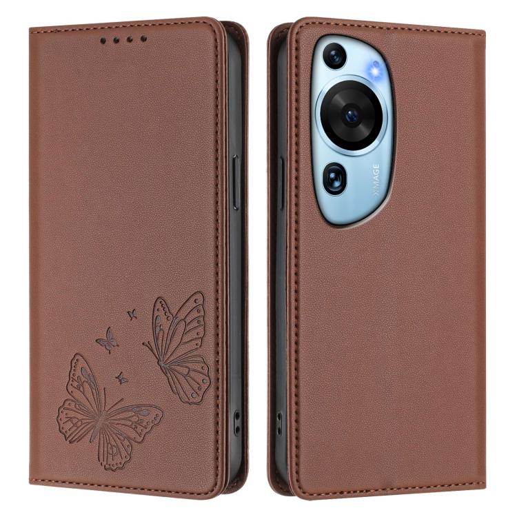 For Huawei P60 Art Strong Magnetic Dual Butterfly RFID Vegan Leather Phone Case