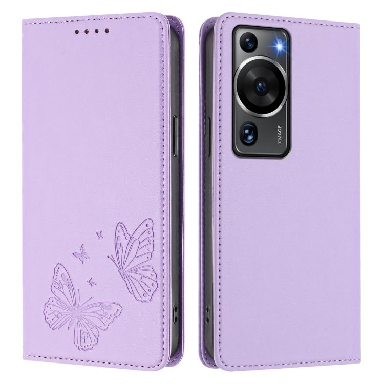 For Huawei P60 / P60 Pro Strong Magnetic Dual Butterfly RFID Vegan Leather Phone Case
