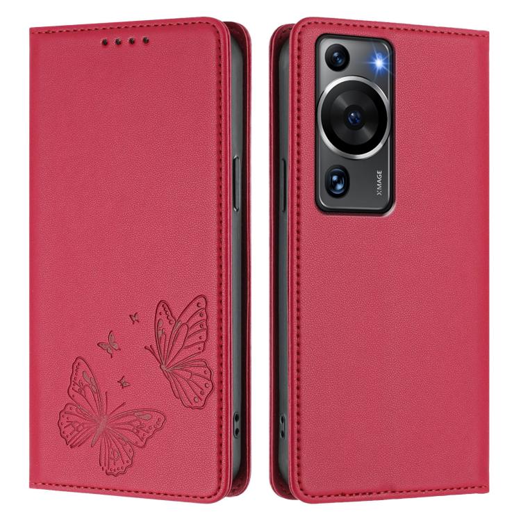 For Huawei P60 / P60 Pro Strong Magnetic Dual Butterfly RFID Vegan Leather Phone Case