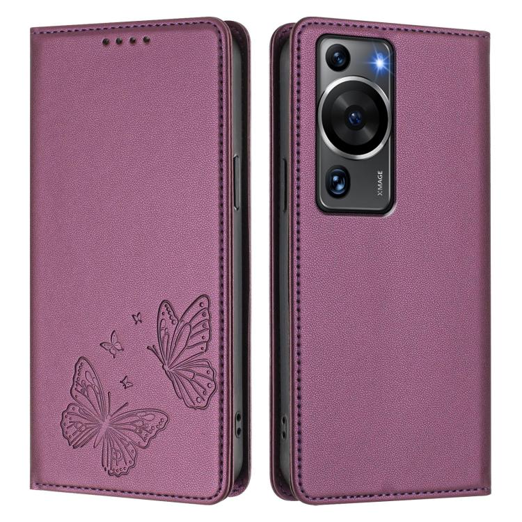For Huawei P60 / P60 Pro Strong Magnetic Dual Butterfly RFID Vegan Leather Phone Case