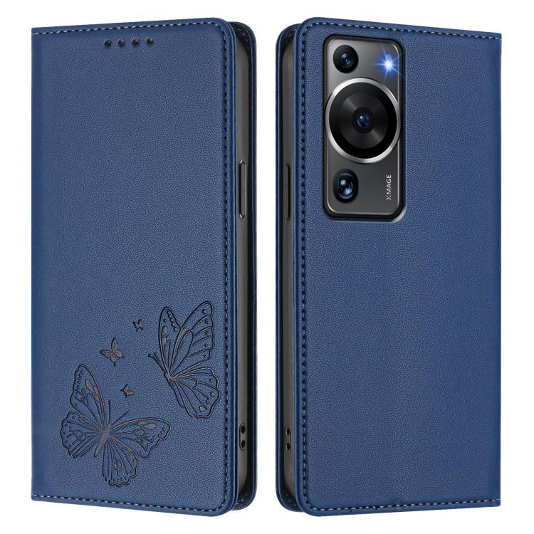 For Huawei P60 / P60 Pro Strong Magnetic Dual Butterfly RFID Vegan Leather Phone Case