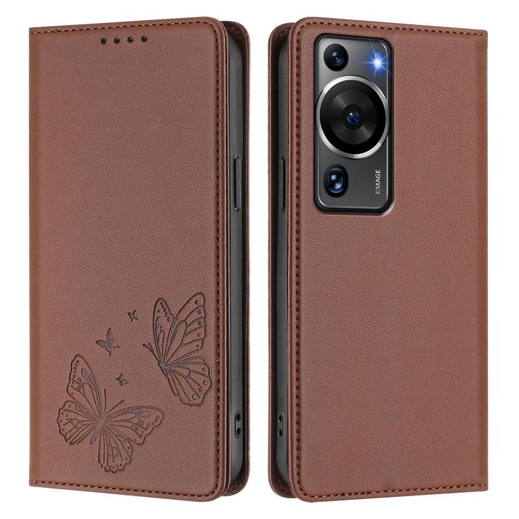 For Huawei P60 / P60 Pro Strong Magnetic Dual Butterfly RFID Vegan Leather Phone Case