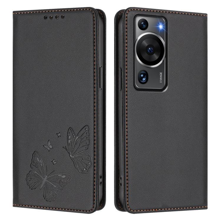 For Huawei P60 / P60 Pro Strong Magnetic Dual Butterfly RFID Vegan Leather Phone Case