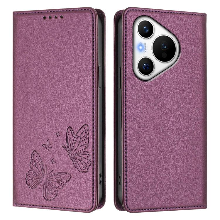For Huawei Pura 70 Strong Magnetic Dual Butterfly RFID Vegan Leather Phone Case