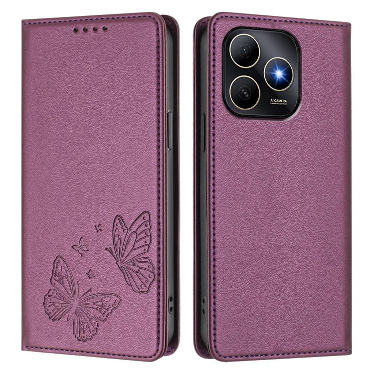 For Huawei Enjoy 80s 4G Strong Magnetic Dual Butterfly RFID Vegan Leather Phone Case