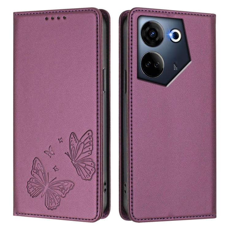 For Tecno Camon 20 / Camon 20 Pro 4G Strong Magnetic Dual Butterfly RFID Vegan Leather Phone Case
