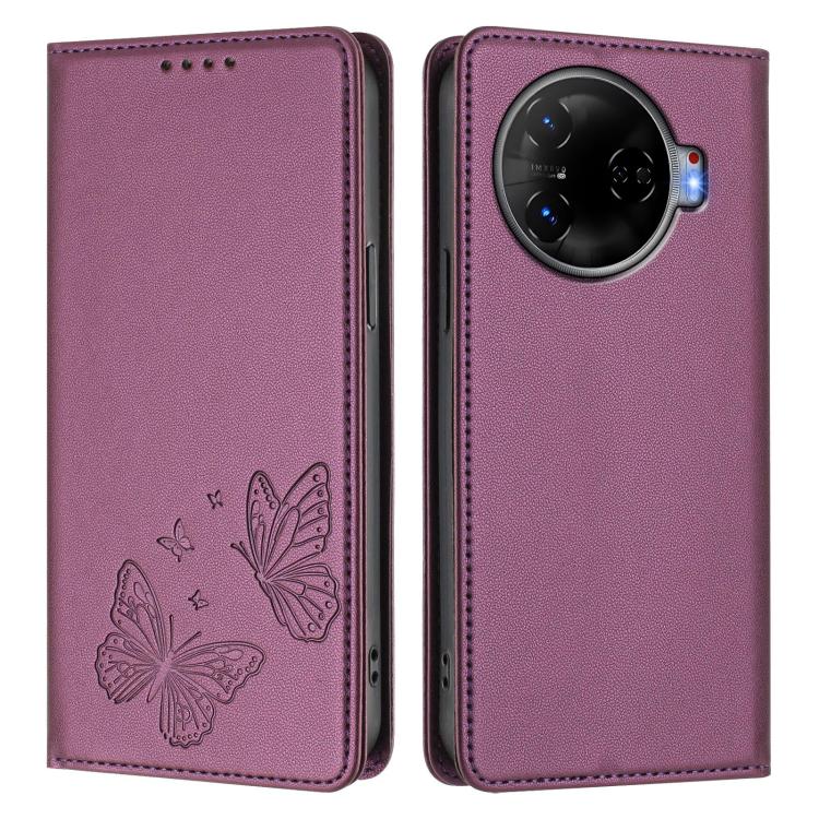 For Tecno Camon 30 Pro Strong Magnetic Dual Butterfly RFID Vegan Leather Phone Case