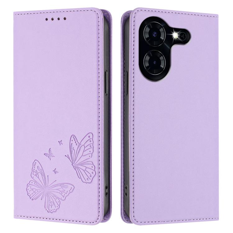 For Tecno Pova 5 4G Strong Magnetic Dual Butterfly RFID Vegan Leather Phone Case